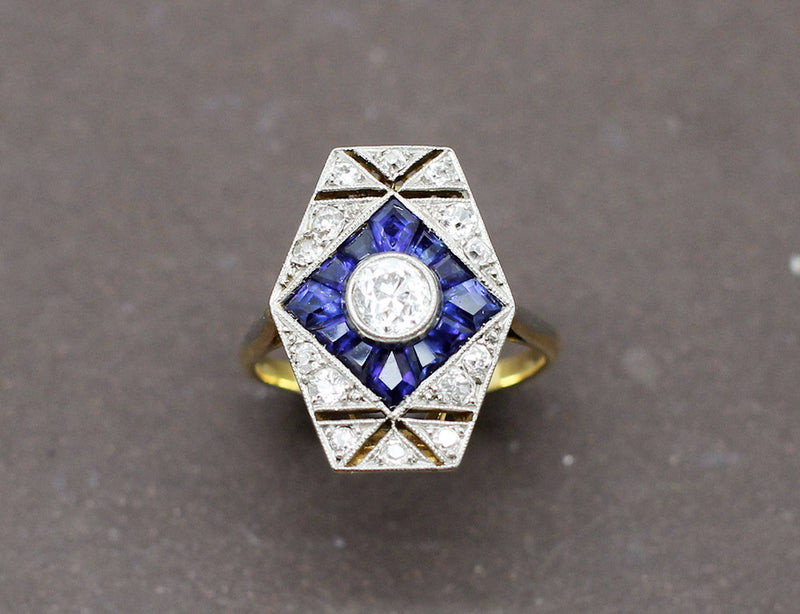 Bague Art Déco Diamants Saphir