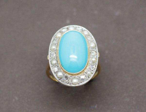 Bague Turquoise Diamants Perles