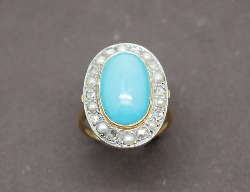 Bague Turquoise Diamants Perles