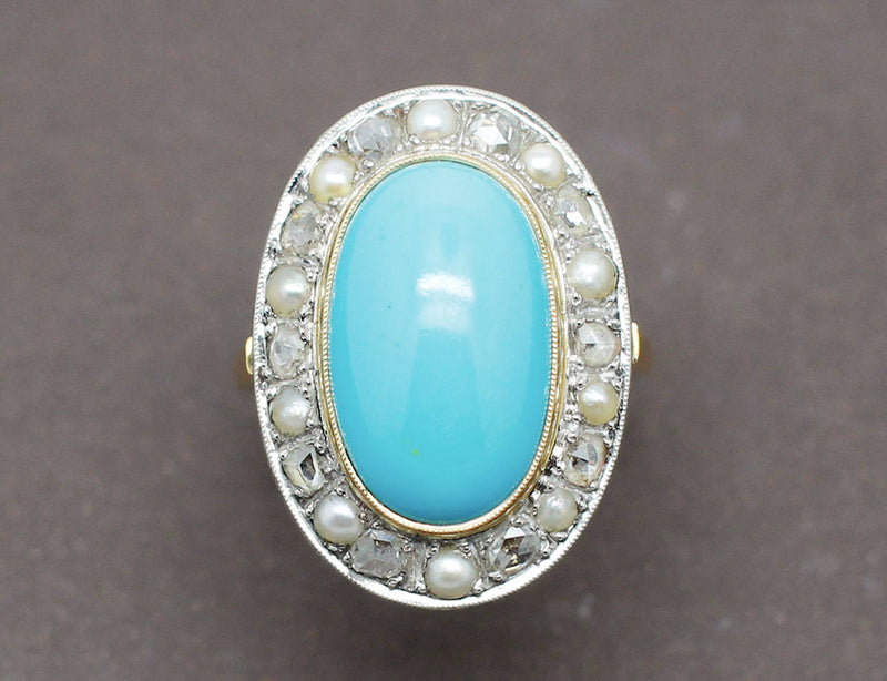 Bague Turquoise Diamants Perles