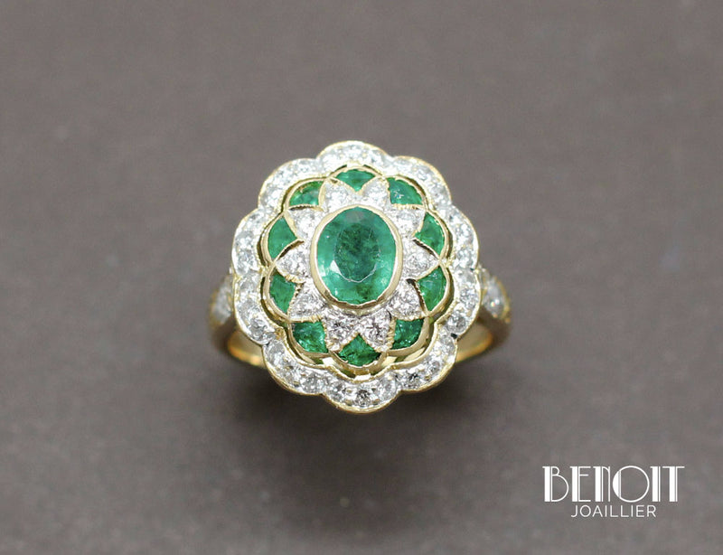 Bague Art Déco Emeraudes Diamants
