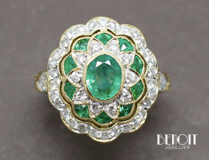 Bague Art Déco Emeraudes Diamants