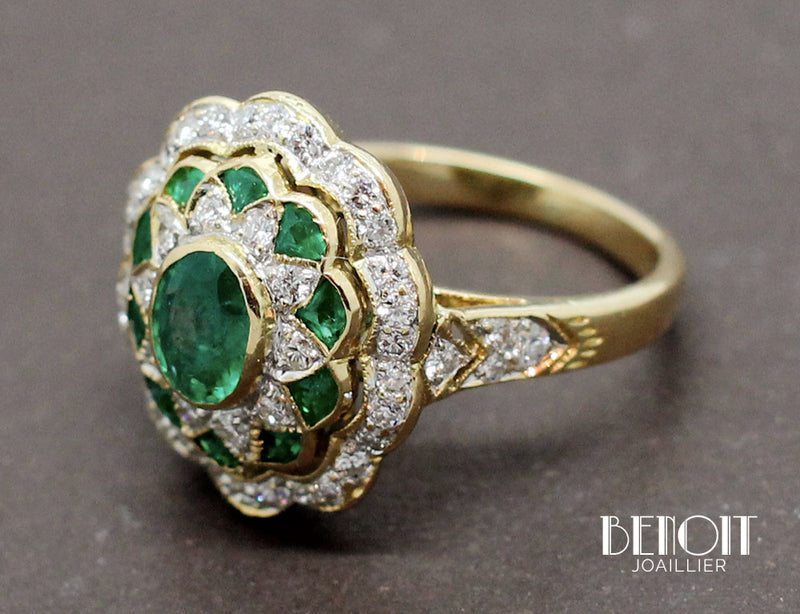 Bague Art Déco Emeraudes Diamants