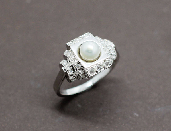 Bague Art Déco Perle Fine Diamants