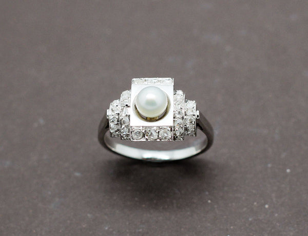 Bague Art Déco Perle Fine Diamants