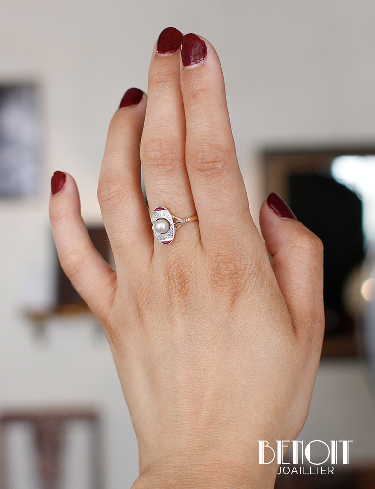 Bague Art Déco Perle Fine et Verneuils