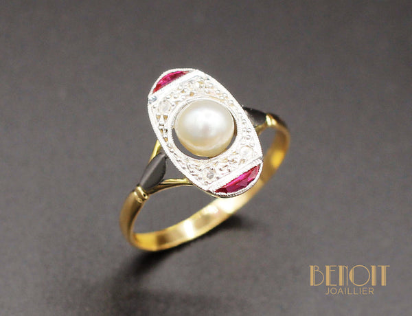 Bague Art Déco Perle Fine et Verneuils