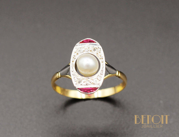 Bague Art Déco Perle Fine et Verneuils