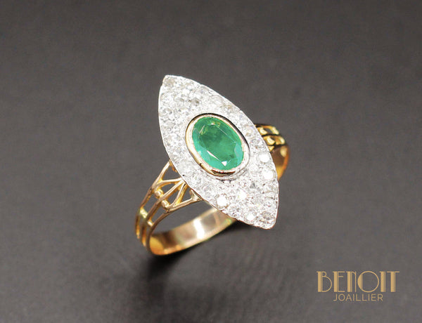 Bague Marquise Emeraude Diamants