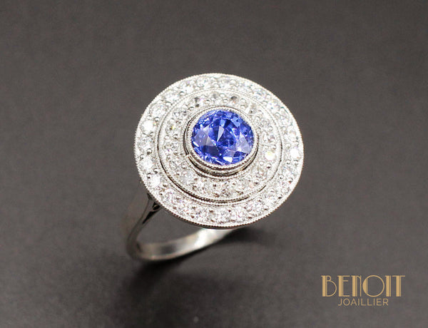 Bague Platine Saphir Double Entourage Diamants