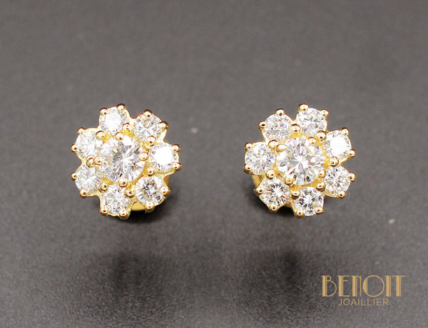 Boucles d'Oreilles Fleurs Diamants Or Jaune