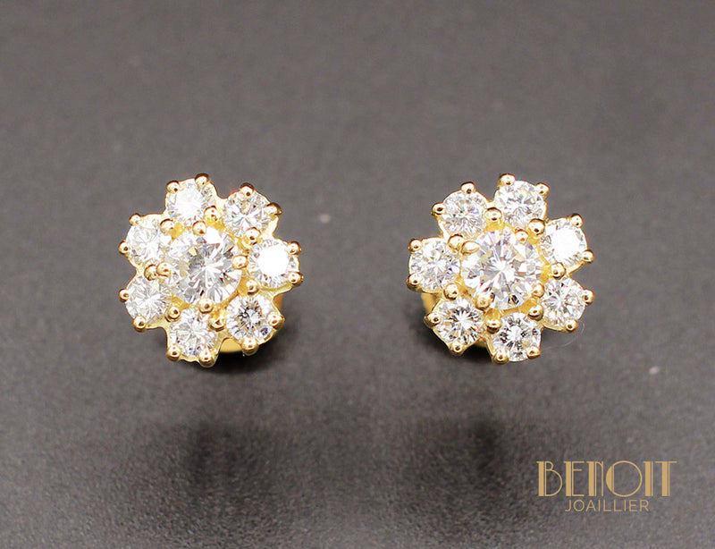 Boucles d'Oreilles Fleurs Diamants Or Jaune