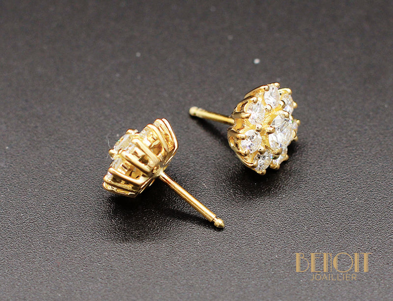 Boucles d'Oreilles Fleurs Diamants Or Jaune