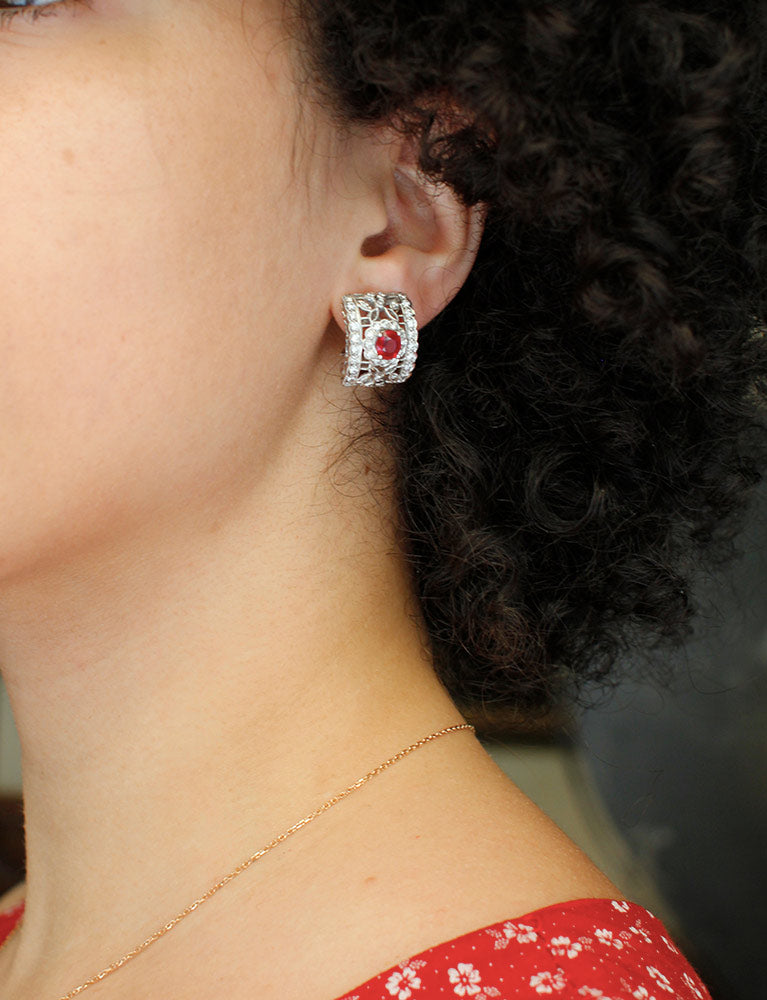 Boucles d'Oreilles Style Art Déco Rubis Diamants