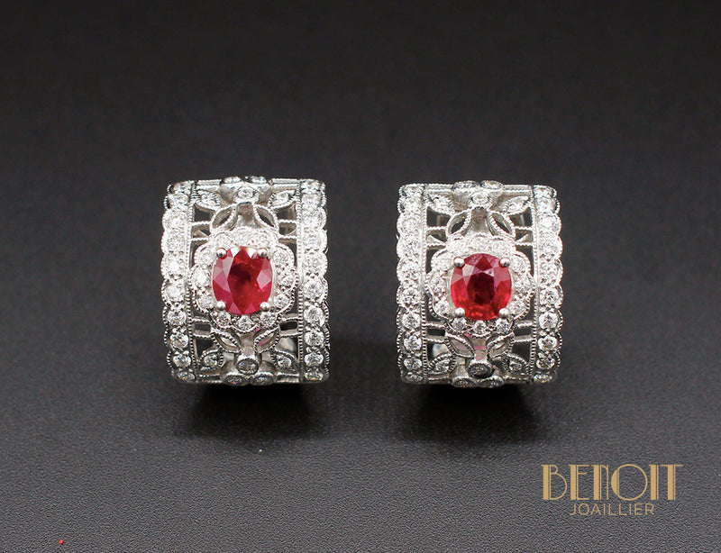 Boucles d'Oreilles Style Art Déco Rubis Diamants