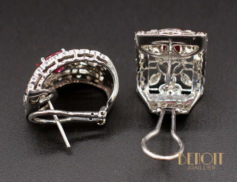 Boucles d'Oreilles Style Art Déco Rubis Diamants