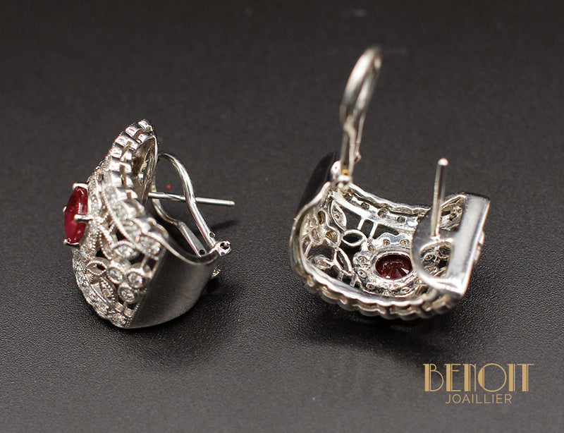 Boucles d'Oreilles Style Art Déco Rubis Diamants