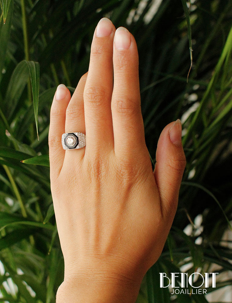 Bague Art Déco Diamants Onyx