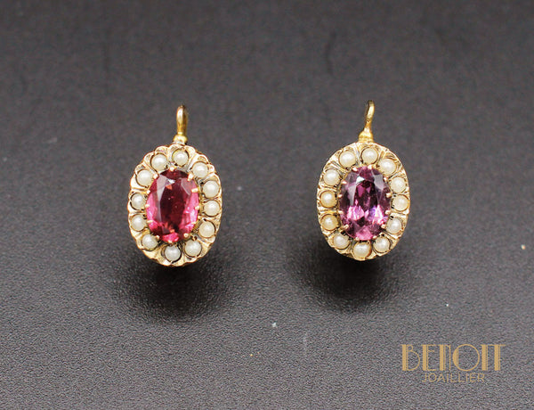 Boucles d'Oreilles fin XIXe Grenats Perles