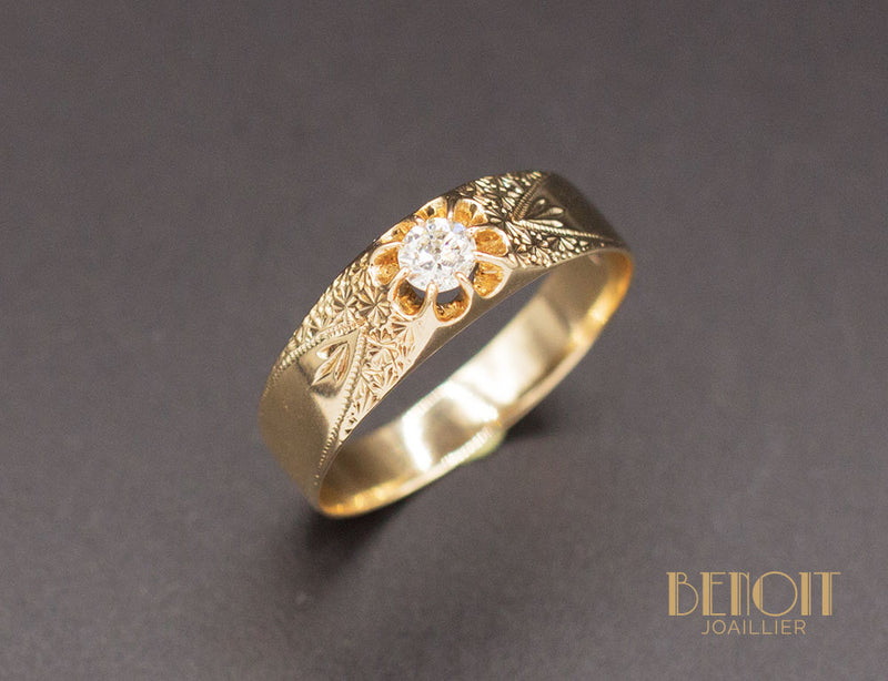 Bague XIXe Diamant Gravures