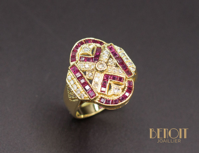 Bague Style Art Déco Rubis Diamants