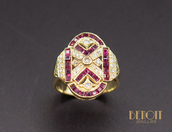 Bague Style Art Déco Rubis Diamants