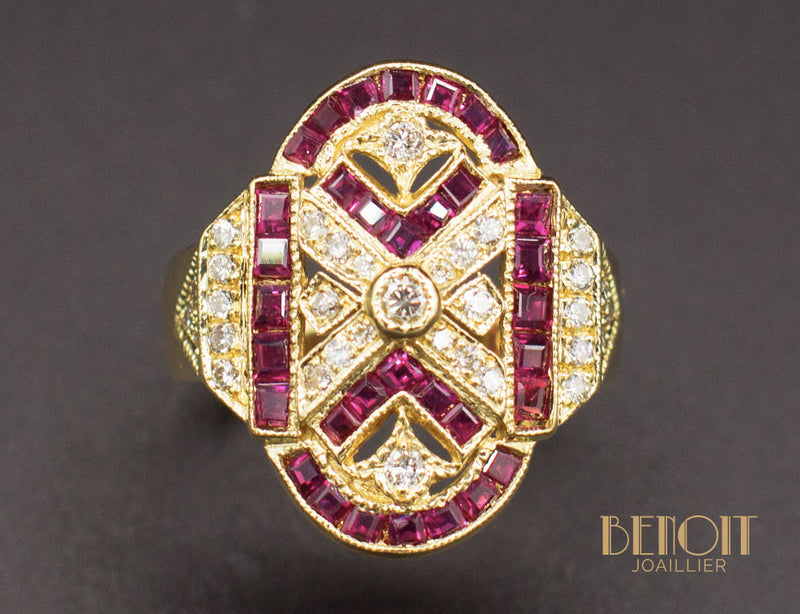 Bague Style Art Déco Rubis Diamants