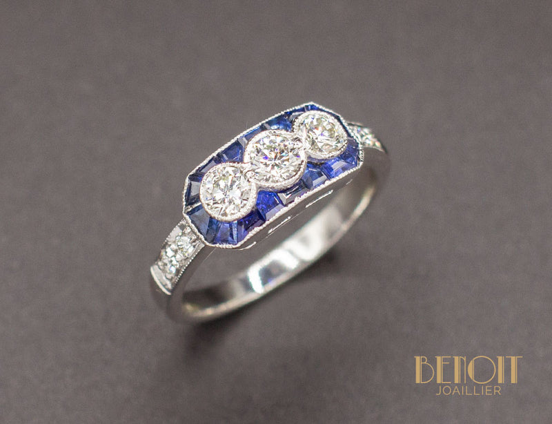 Bague Art Déco Diamants Saphirs