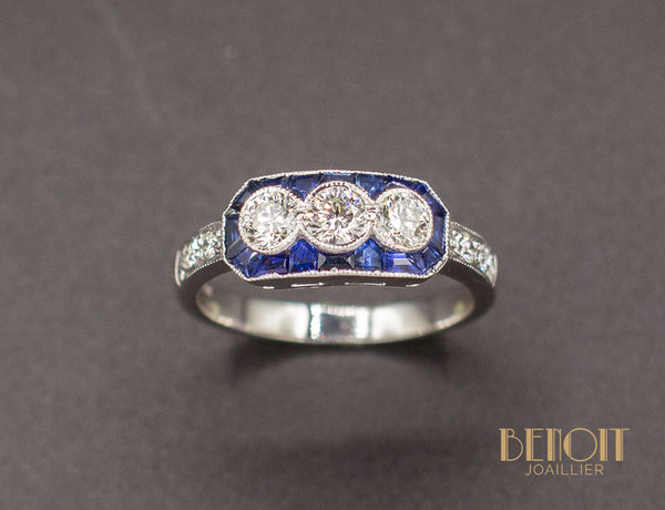 Bague Art Déco Diamants Saphirs