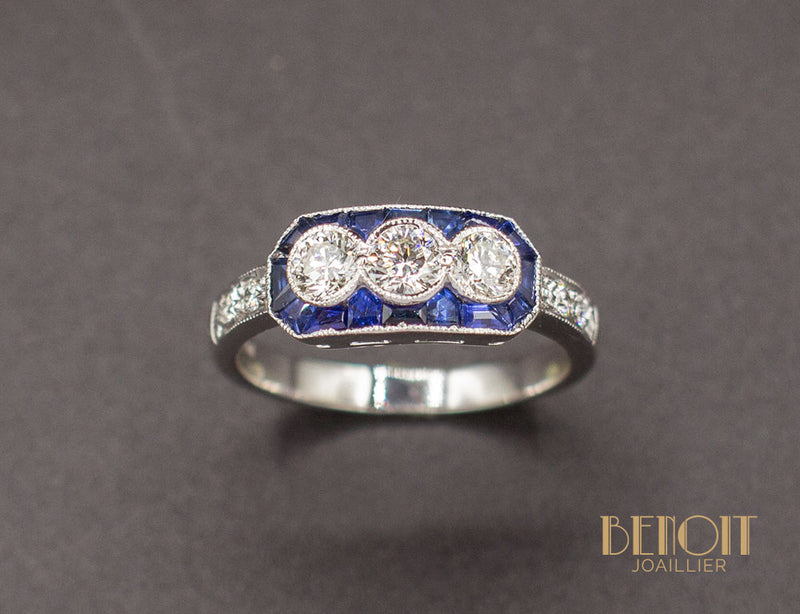 Bague Art Déco Diamants Saphirs
