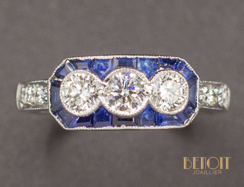 Bague Art Déco Diamants Saphirs