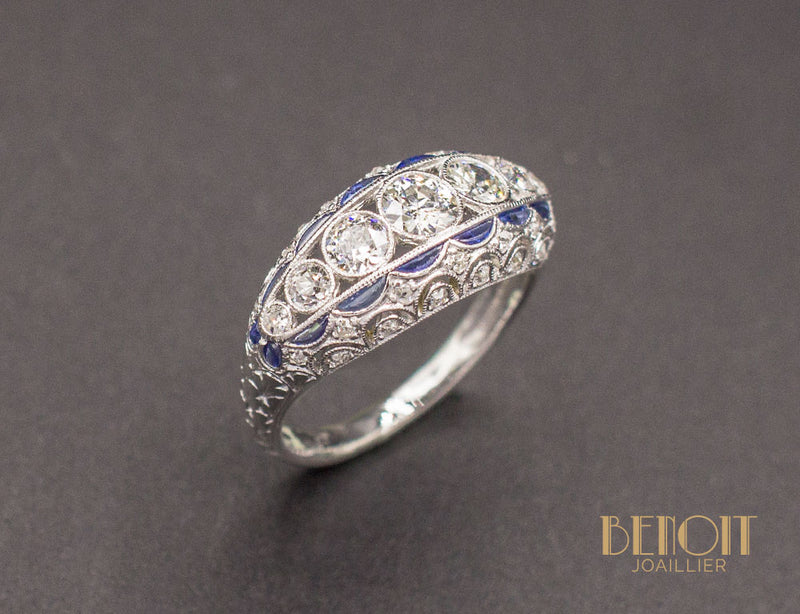 Bague Jarretière Art Déco Diamants Saphirs