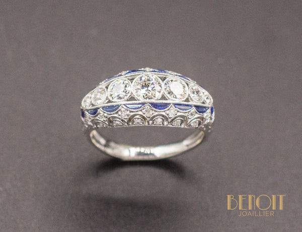 Bague Jarretière Art Déco Diamants Saphirs