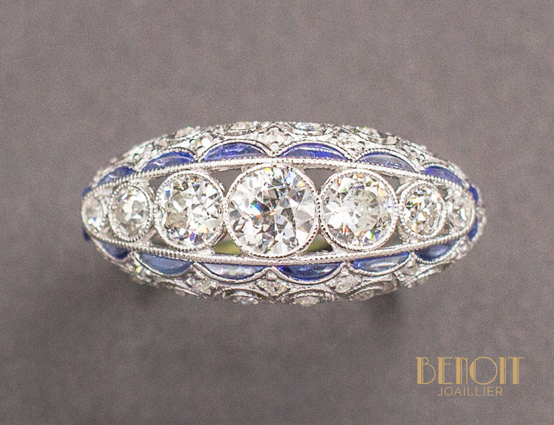Bague Jarretière Art Déco Diamants Saphirs