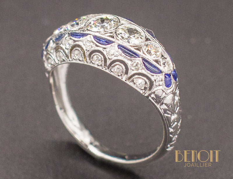 Bague Jarretière Art Déco Diamants Saphirs