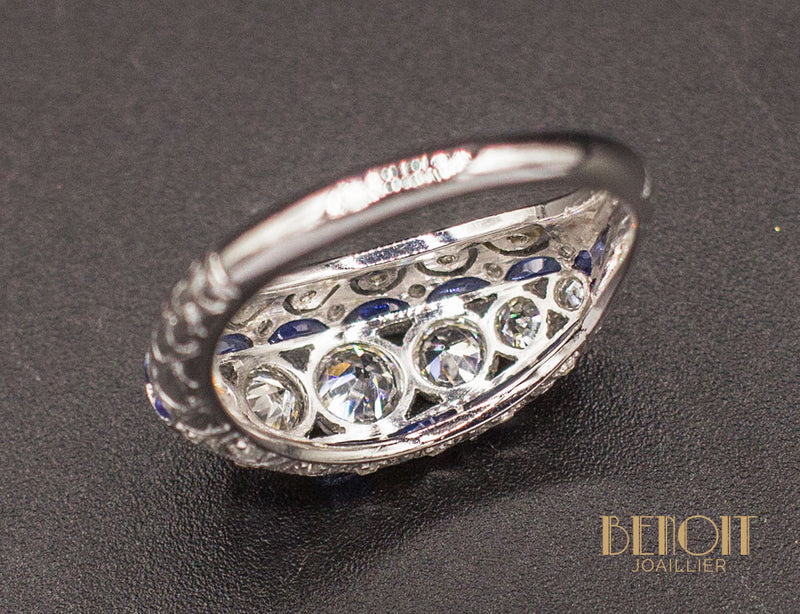 Bague Jarretière Art Déco Diamants Saphirs