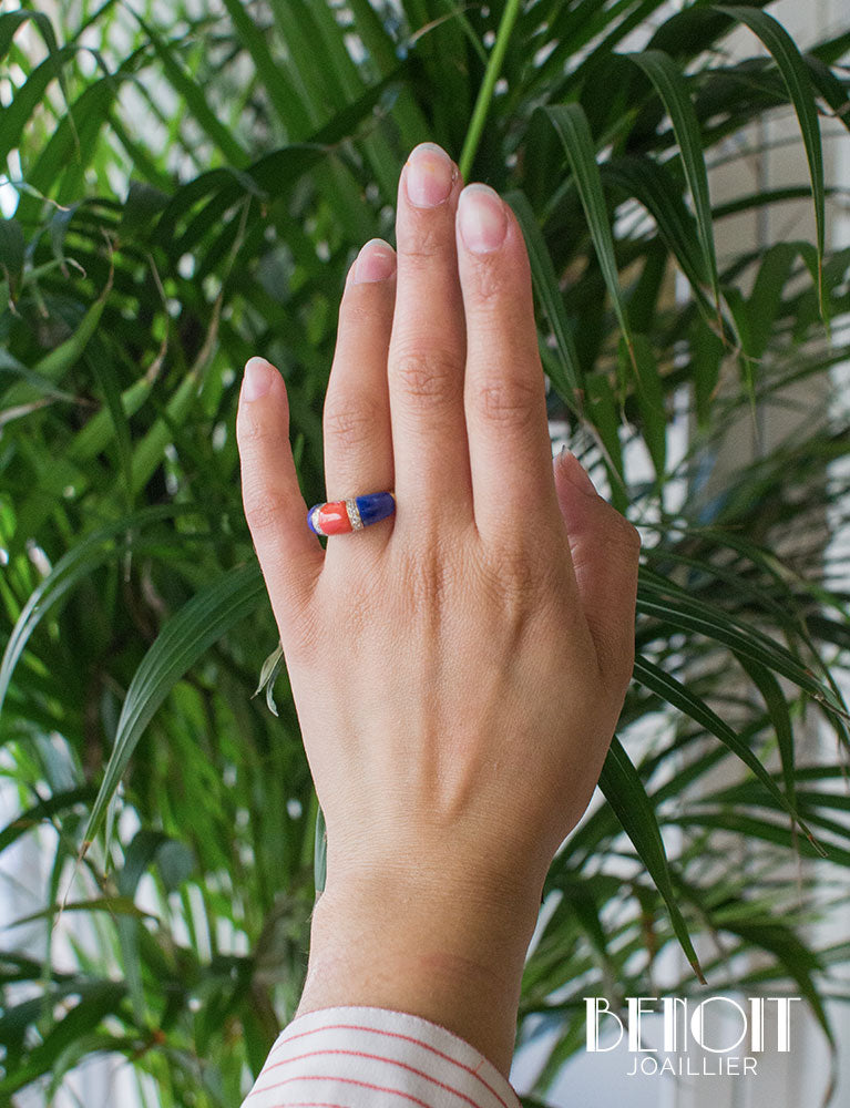 Bague Jonc Diamants Corail et Lapis Lazuli