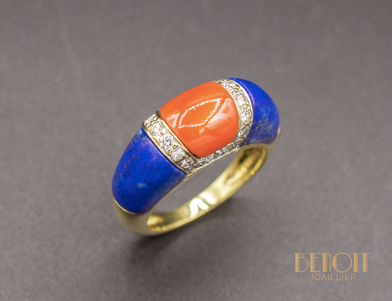 Bague Jonc Diamants Corail et Lapis Lazuli