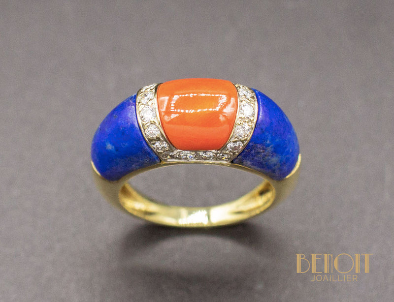Bague Jonc Diamants Corail et Lapis Lazuli