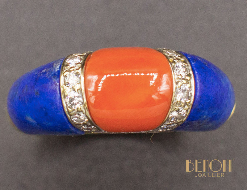 Bague Jonc Diamants Corail et Lapis Lazuli