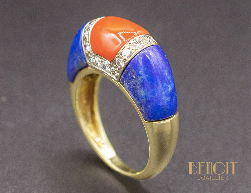 Bague Jonc Diamants Corail et Lapis Lazuli