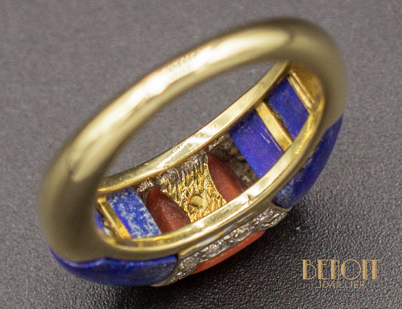 Bague Jonc Diamants Corail et Lapis Lazuli