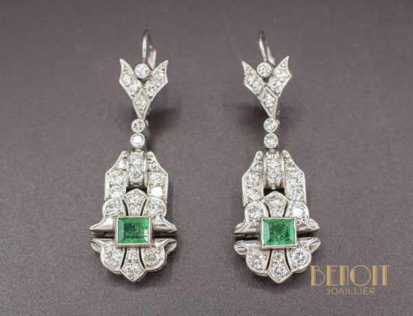 Boucles d'Oreilles Art Déco Émeraudes Diamants