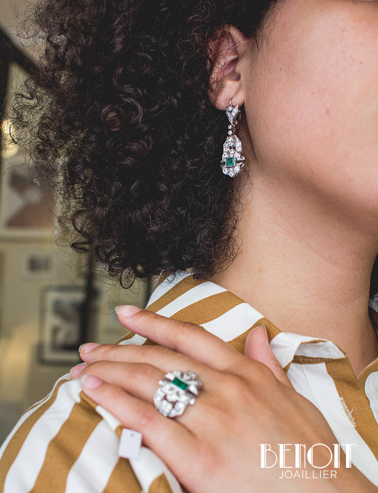 Bague Art Déco Émeraude Diamants