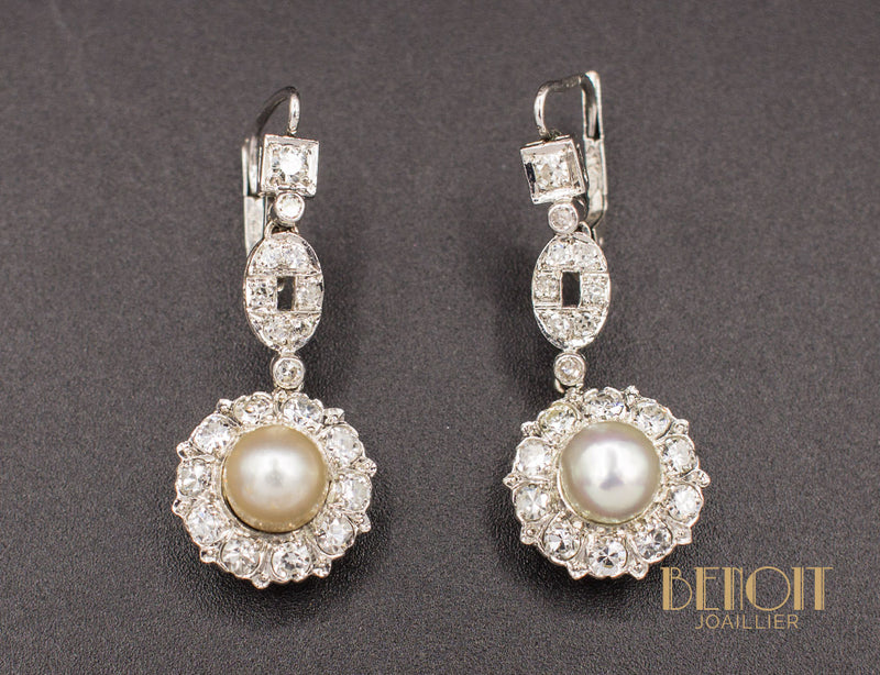 Boucles Pendantes Art Déco Diamants Perles