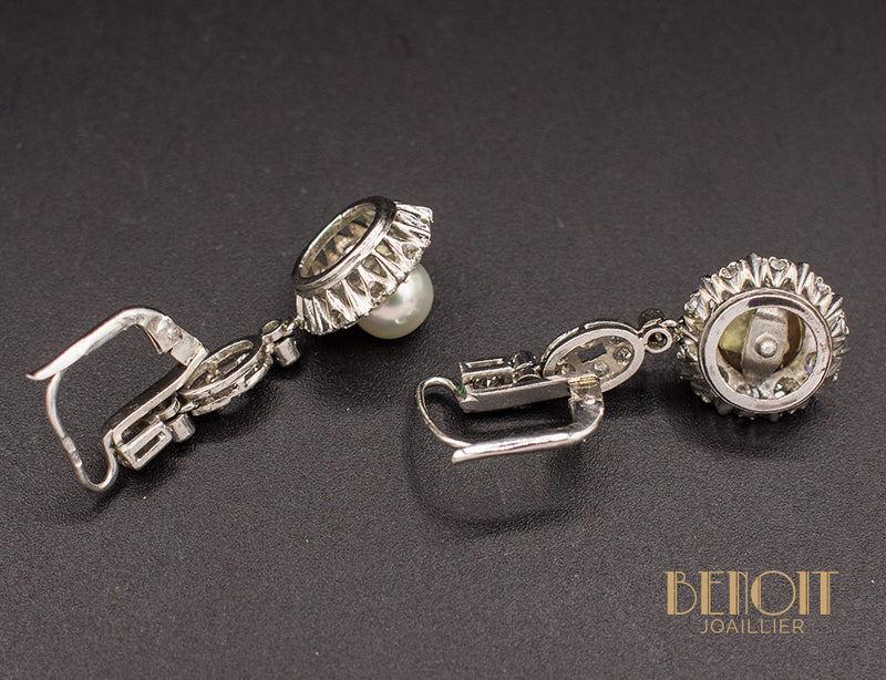 Boucles Pendantes Art Déco Diamants Perles