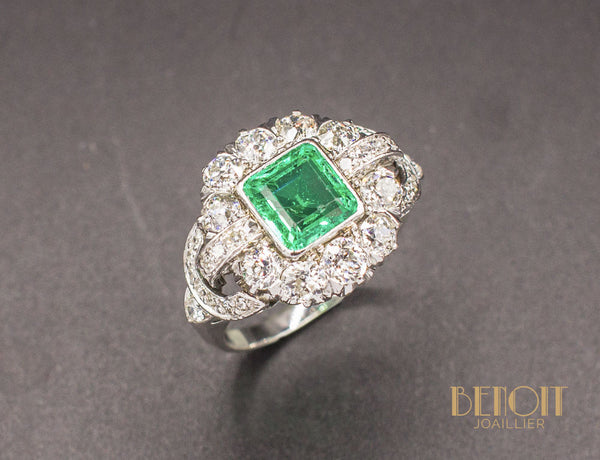 Bague Art Déco Emeraude Diamants