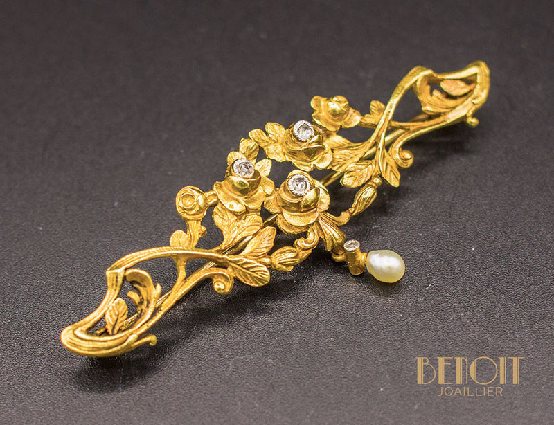 Broche Art Nouveau Diamants Perles