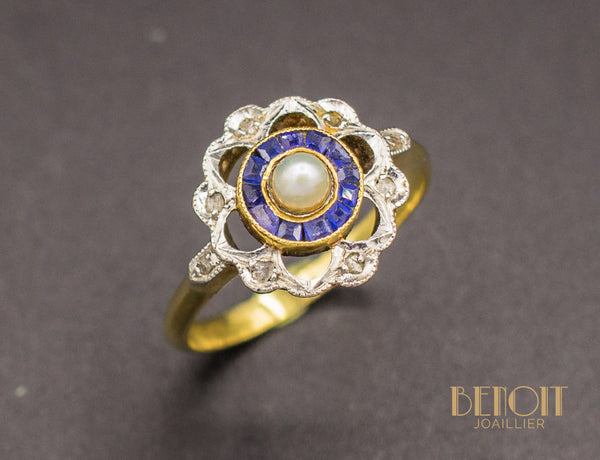 Bague Fleur Saphirs et Perle Fine