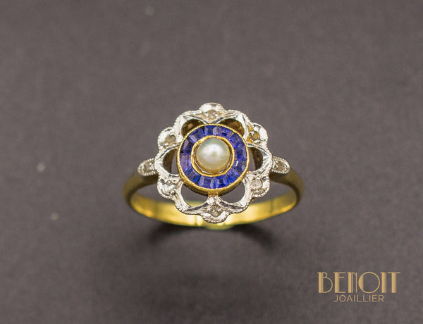 Bague Fleur Saphirs et Perle Fine